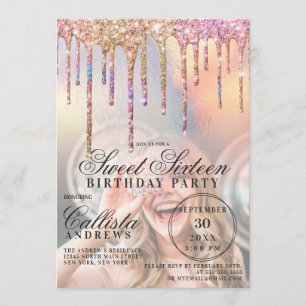 Convite Rainbow Holographic Glitter Drips Foto Sweet 16