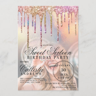 Convite Rainbow Holographic Glitter Drips Foto Sweet 16