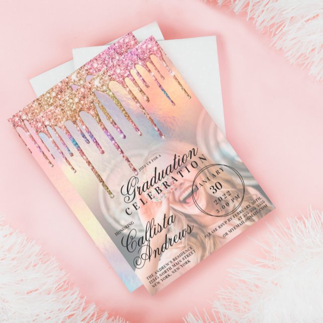 Convite Rainbow Holographic Glitter Drives Graduação de Fo (Criador carregado)
