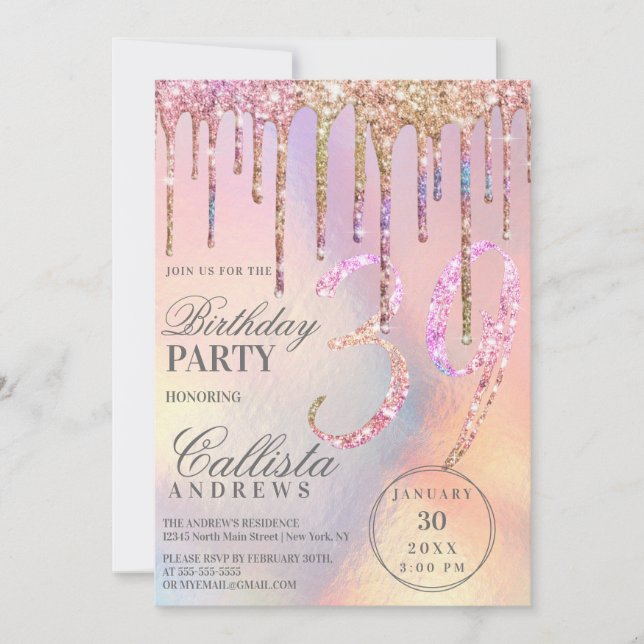 Convite Rainbow Holographic Glitter Drives Idade Aniversár (Frente)