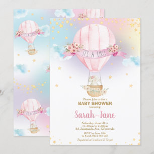 Convite Rainbow Hot Air Balloon Baby Girl Elepher
