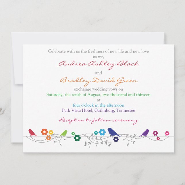 Convite Rainbow Invitation Birds Flowers (Frente)