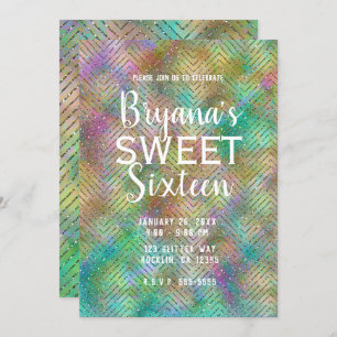 Convite Rainbow Lights Sparkly Dourada Chevron Sweet 16 Pa