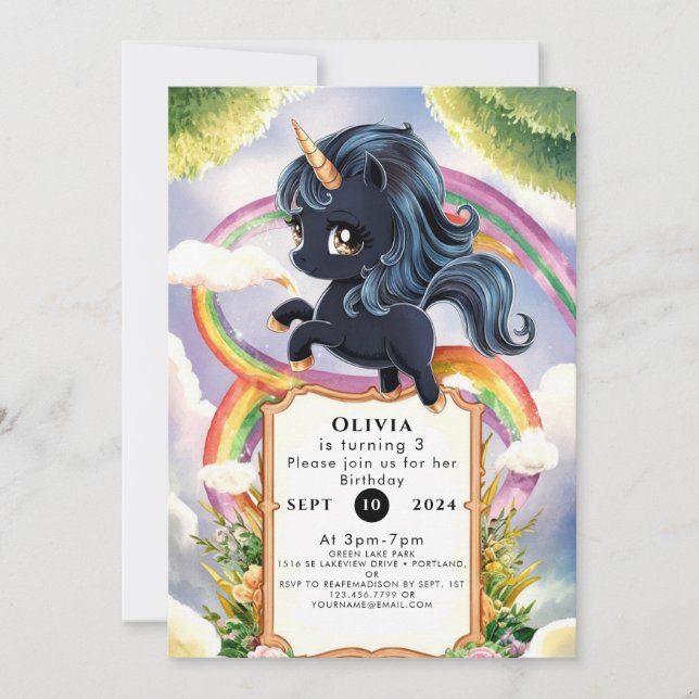 Convite Rainbow Magical Black Unicorn Birthday (Frente)