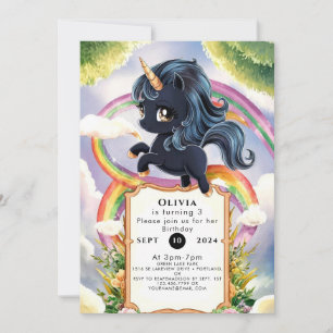 Convite Rainbow Magical Black Unicorn Birthday