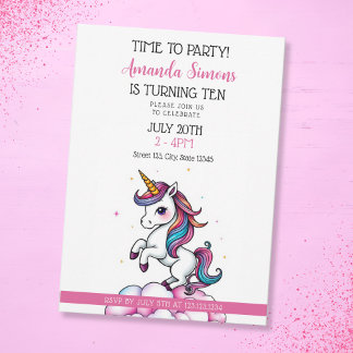 Convite Rainbow Mane Sparkle Unicorn Girl 10th Birthday