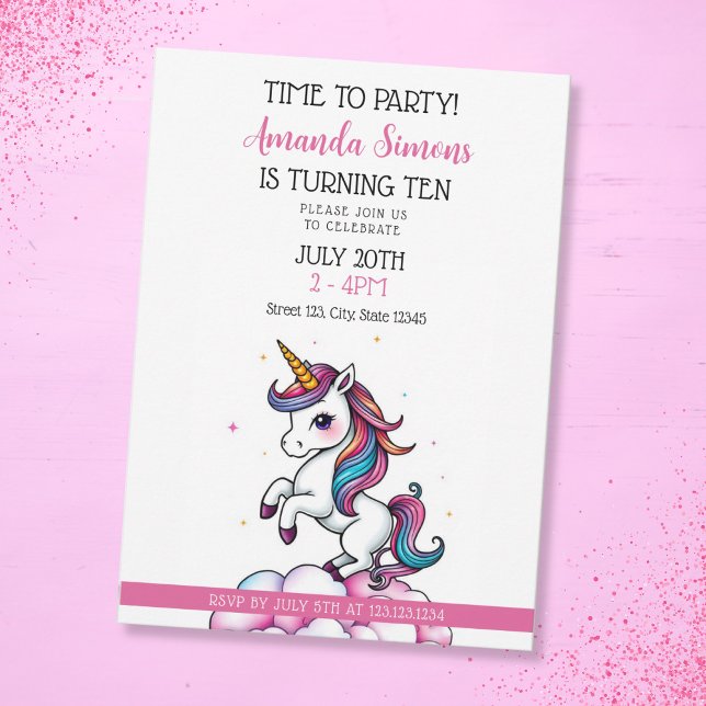 Convite Rainbow Mane Sparkle Unicorn Girl 10th Birthday (Criador carregado)