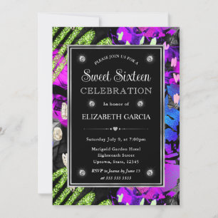 Convite Rainbow Neon Abstrato Glitter Frame Sweet 16