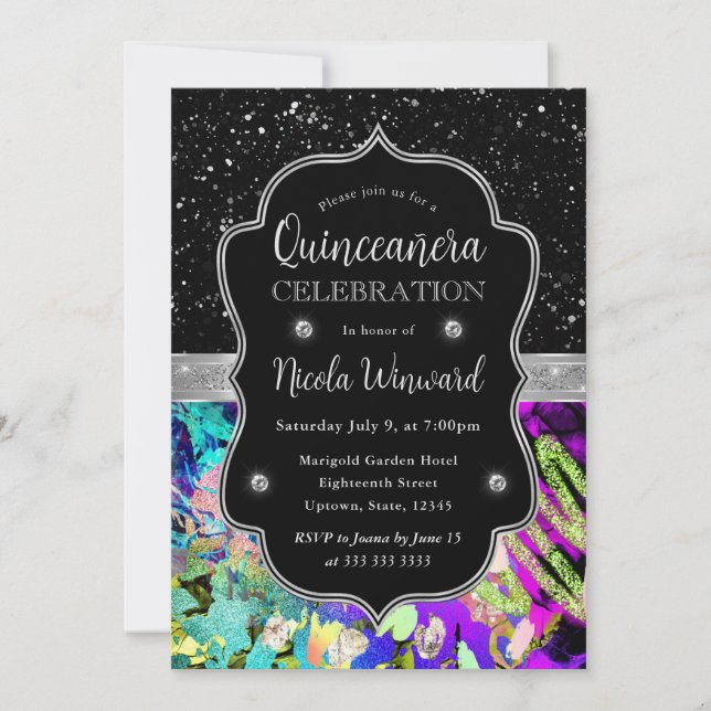 Convite Rainbow Neon Abstrato Glitter Quinceanera (Frente)