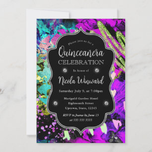 Convite Rainbow Neon Abstrato Glitter Quinceanera