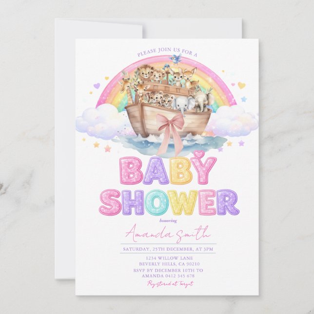 Convite Rainbow Noah’s Ark Baby Shower Glitter Invitation (Frente)