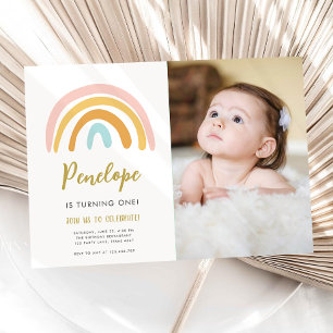 Convite Rainbow Pastel Boho Muted Pink Girl Primeiro Anive