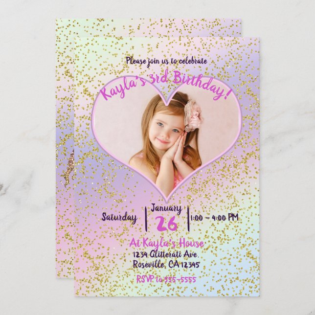 Convite Rainbow Pastel Dourado Glitter Unicorn Photo Party (Frente/Verso)