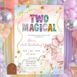 Convite Rainbow Pastel Unicorn Two Magical 2nd birthday In
