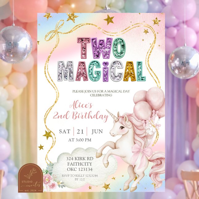 Convite Rainbow Pastel Unicorn Two Magical 2nd birthday In (Criador carregado)