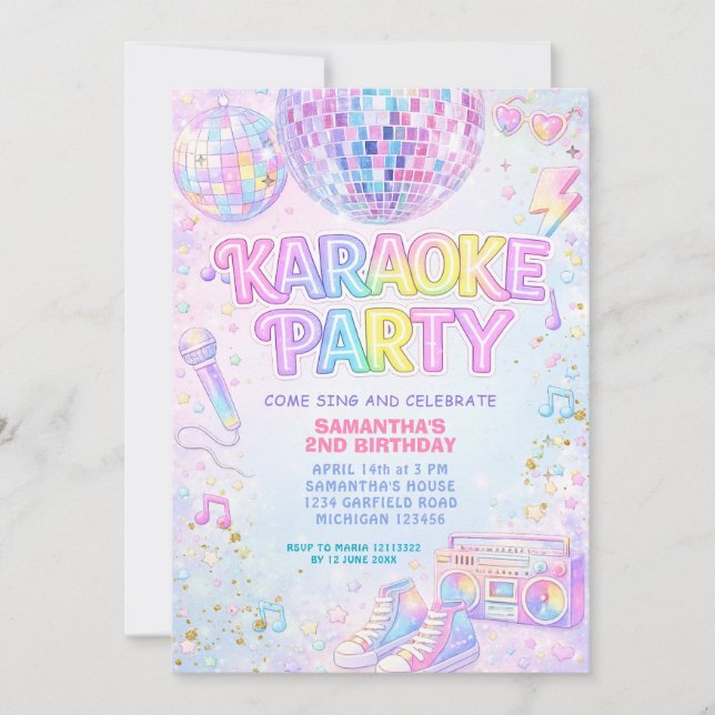 Convite Rainbow Pink Disco Ball Karaoke Birthday  (Frente)