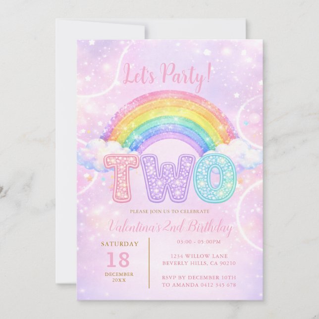 Convite Rainbow Pink Purple Glitter Second Birthday Party (Frente)