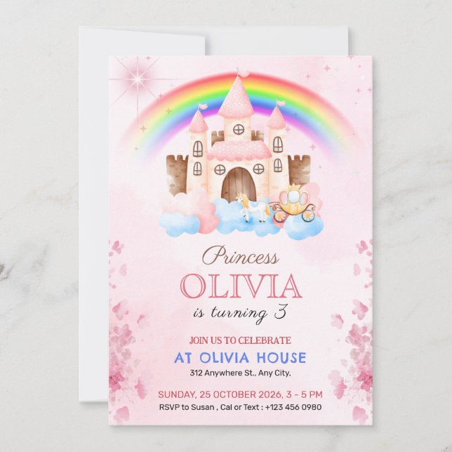 Convite Rainbow Princess Castle Birthday Party Invitation (Frente)
