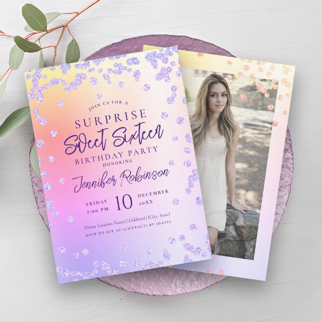 Convite Rainbow Purple Glitter Foto SURPRISE Sweet 16 (Rainbow Purple Glitter Photo SURPRISE Sweet 16 Invitation)