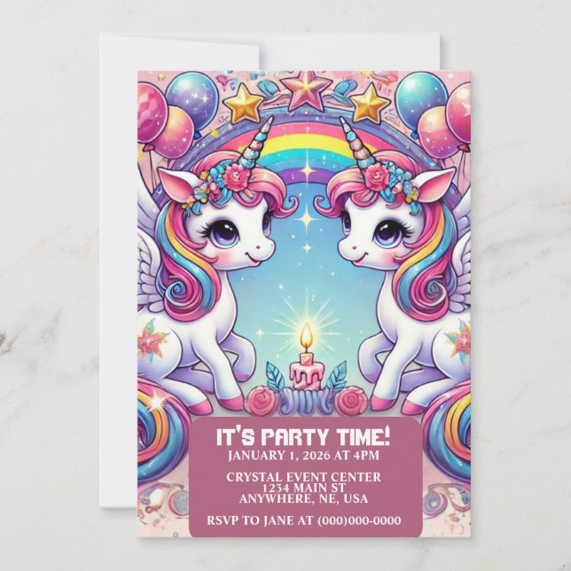 Convite Rainbow Royalty Unicorns (Frente)