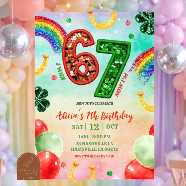 Convite Rainbow Sequin Glitter 67 St Patrick Birthday (Criador carregado)