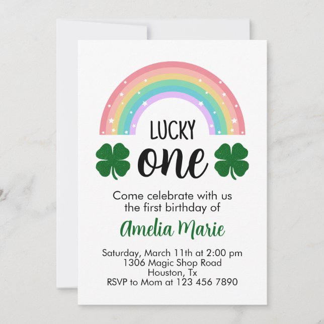 Convite Rainbow & Shamrock Lucky One First Birday (Frente)