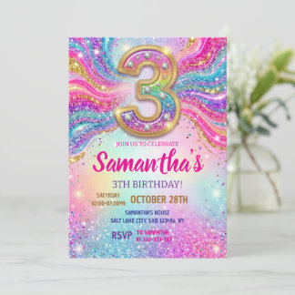 Convite Rainbow Sparkle Glitter 3th Birthday Party