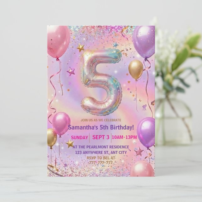 Convite Rainbow Sparkle Glitter 5th Birthday Party (Em pé/Frente)