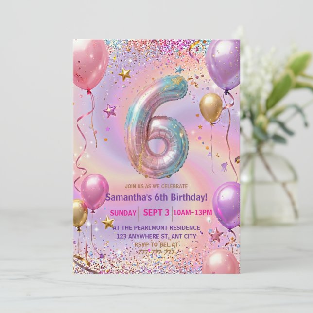 Convite Rainbow Sparkle Glitter 6th Birthday Party (Em pé/Frente)