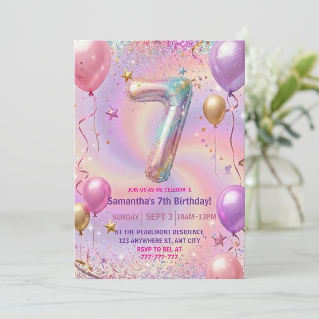 Convite Rainbow Sparkle Glitter 7th Birthday Party (Em pé/Frente)