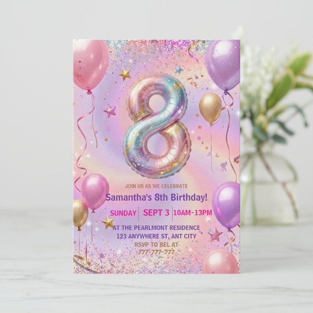 Convite Rainbow Sparkle Glitter 8th Birthday Party (Em pé/Frente)