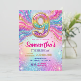 Convite Rainbow Sparkle Glitter 9th Birthday Party