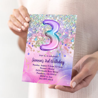 Convite Rainbow Sparkle Glitter aniversário de 3 anos