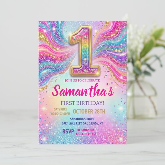 Convite Rainbow Sparkle Glitter First Birthday Party (Em pé/Frente)