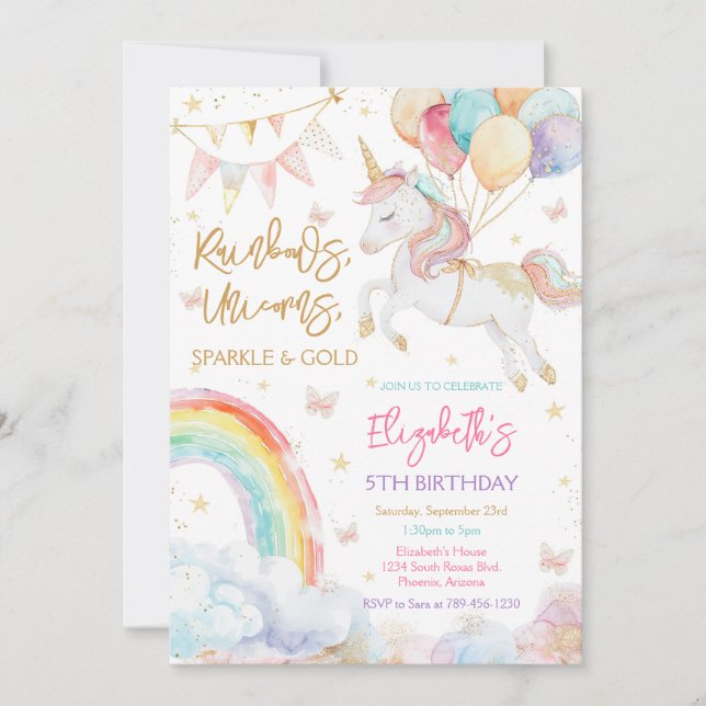 Convite Rainbow Sparkle Unicorn Birthday Invitation (Frente)