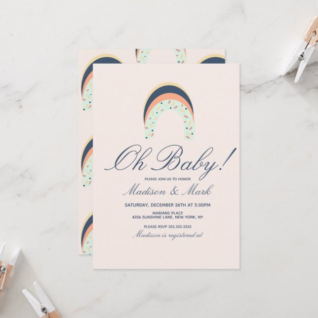 Convite Rainbow Sprinkles Brusca Traço Chá de fraldas Rosa (Frente/Verso In Situ)