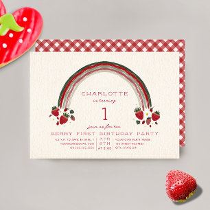 Convite Rainbow Strawberry Berry Gingham Primeiro Aniversá
