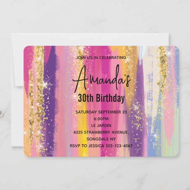 Convite Rainbow Stripes com Faux Dourado Glitter Birthday (Frente)