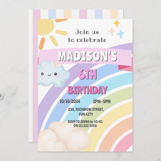 Convite Rainbow Sun Cloud Kids Girl Cute Kawaii Aniversári (Frente/Verso)