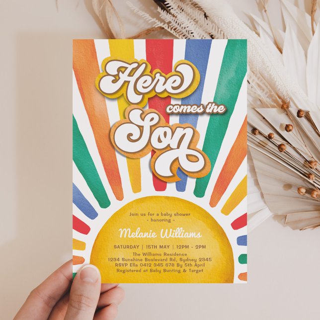 Convite Rainbow Sunshine Chá de fraldas Aqui Vem o Filho (Criador carregado)