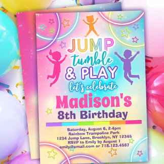 Convite Rainbow Trampoline Park Girls Saltam Aniversário