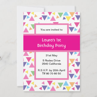 Convite Rainbow Triangles 1st Birthday Party Pink