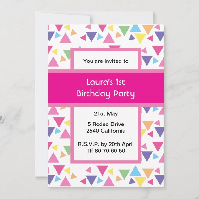 Convite Rainbow Triangles 1st Birthday Party Pink (Frente)
