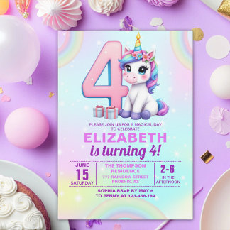 Convite Rainbow Unicorn 4th Birthday for Girls”