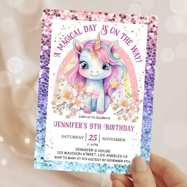 Convite Rainbow Unicorn 9º Aniversário Rapariga Rosa Moder (Criador carregado)