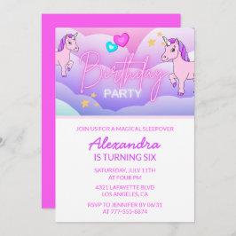 Convite Rainbow Unicorn Aniversário Invoca 6 rosa