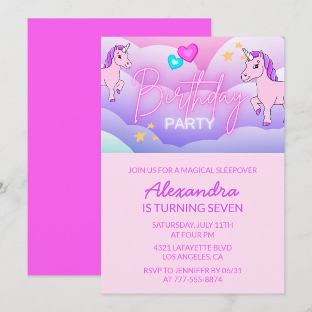 Convite Rainbow Unicorn Aniversário Invoca 7 (Frente/Verso)