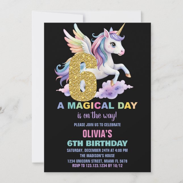 Convite Rainbow Unicorn Aniversário Voa (Frente)