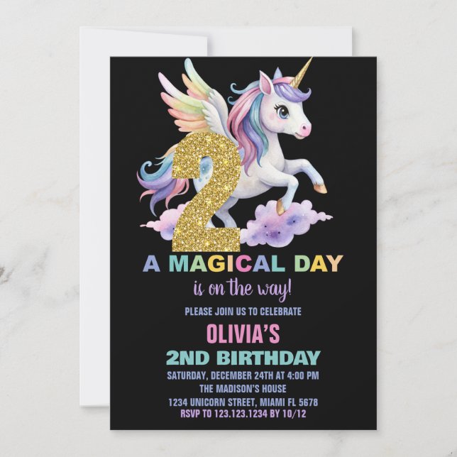 Convite Rainbow Unicorn Aniversário Voa (Frente)