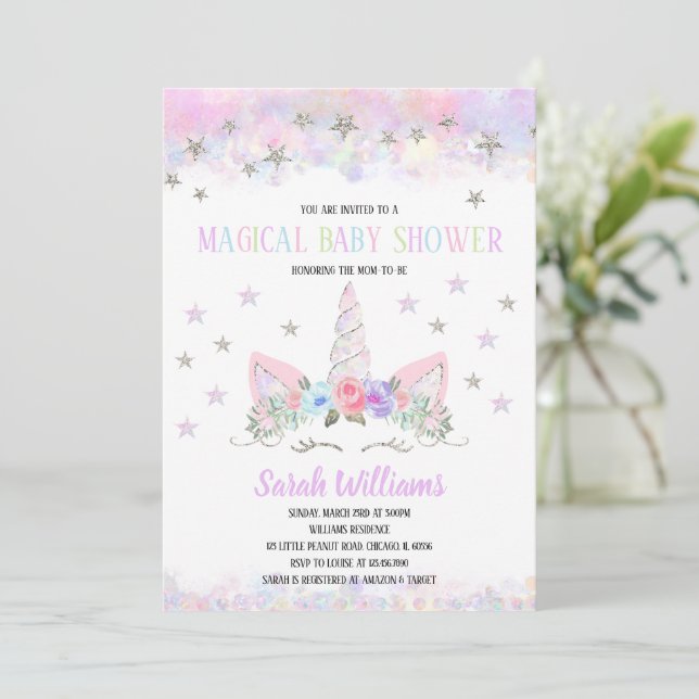 Convite Rainbow Unicorn Baby Shower Invitation (Em pé/Frente)
